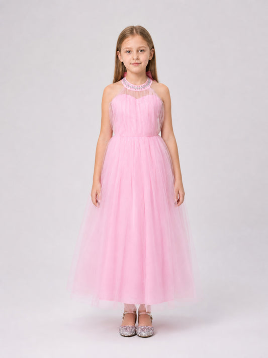 Pink Dress with Full Skirt and Halter Neckline on-model view