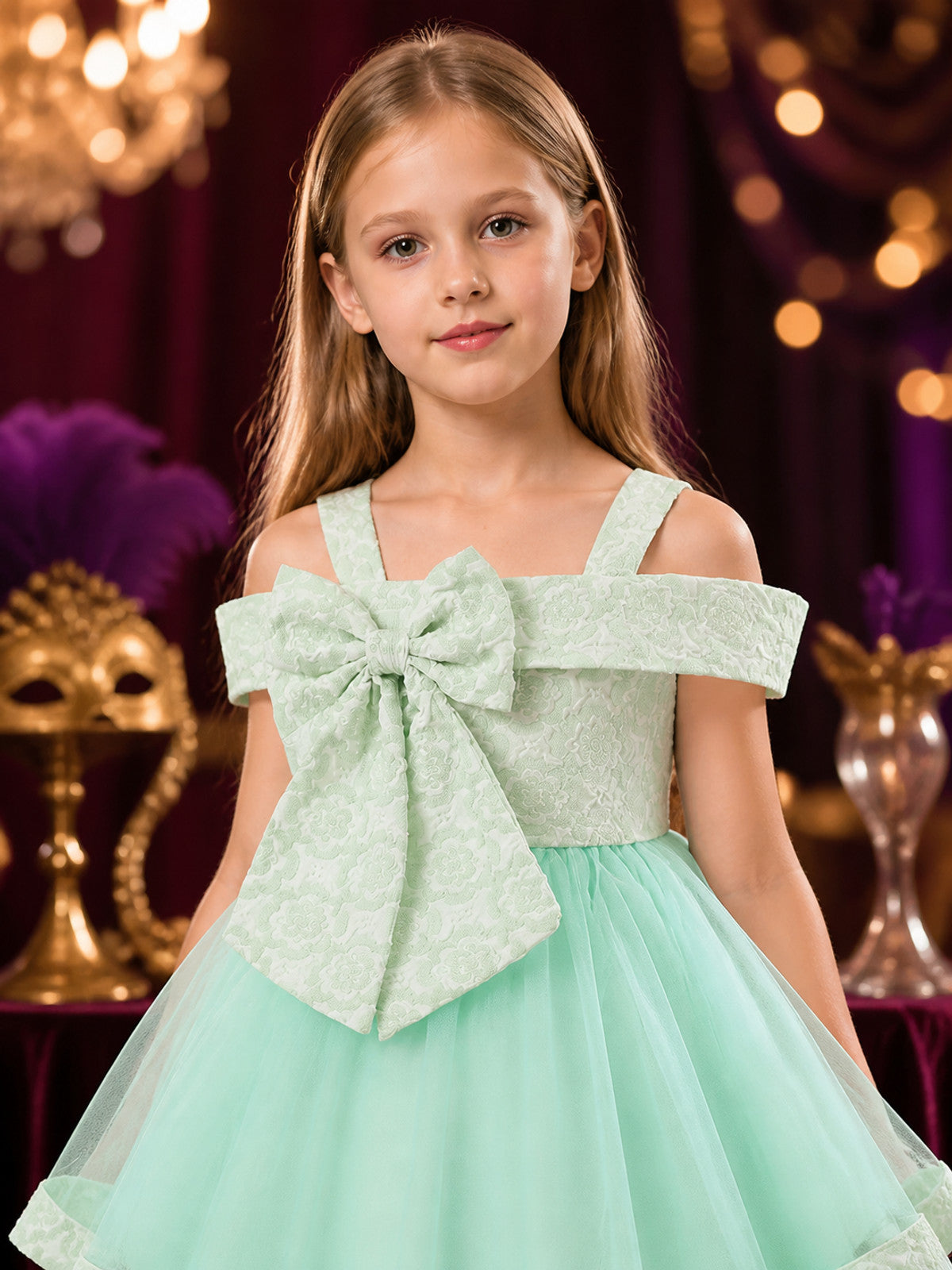 Girls' Mint Green Princess Dress with Large Bow and Jacquard Tulle Skirt on-model view