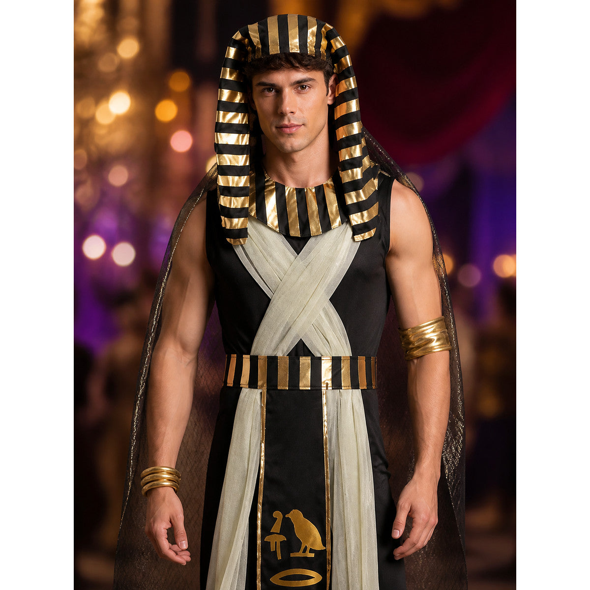 Pharaoh Costume with Headpiece and Belt on-model view