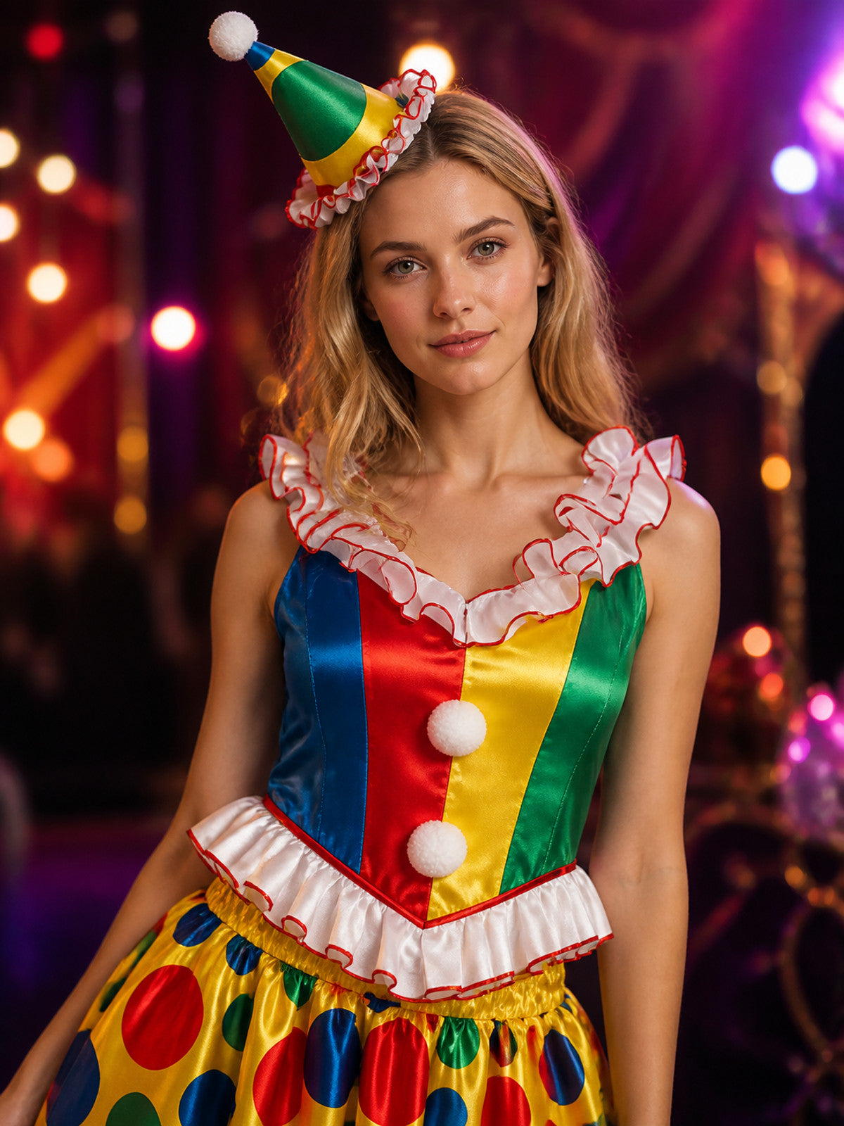 Rainbow Polka Dot Clown Costume Jumpsuit Set with Pointed Hat on-model view