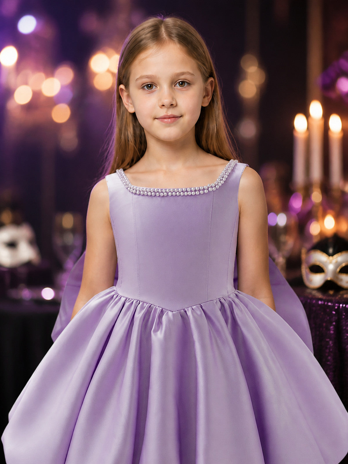 Girls' Light Purple Flower Girl Princess Dress, Sleeveless Pearl-Beaded A-Line on-model view