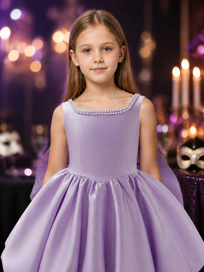 Girls' Light Purple Flower Girl Princess Dress, Sleeveless Pearl-Beaded A-Line on-model view