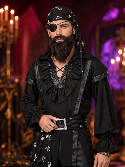 Adult Pirate Costume Set, Black Long-Sleeve Outfit With Headscarf, Beard on-model view