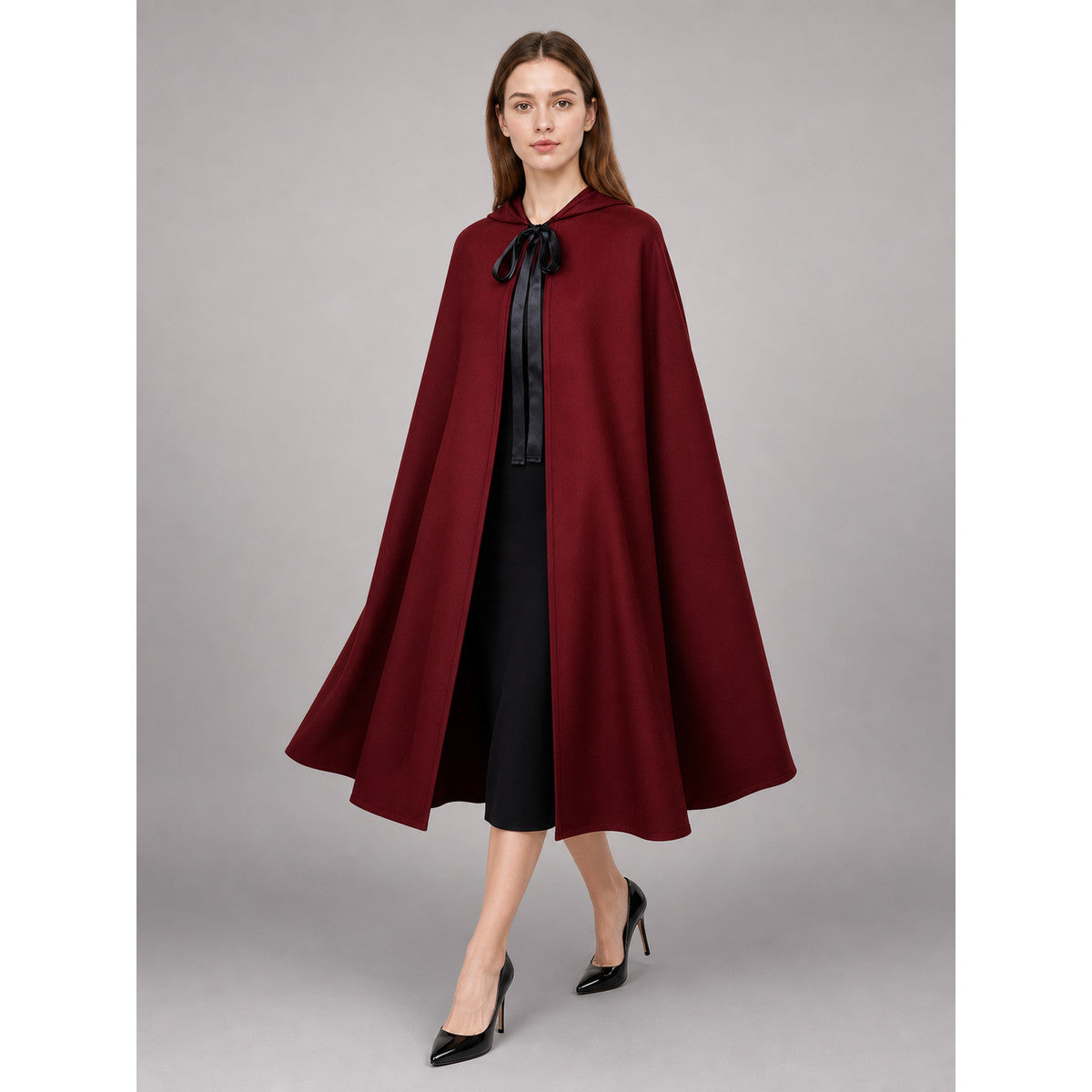 Long Burgundy Carnival Cloak with Hood
