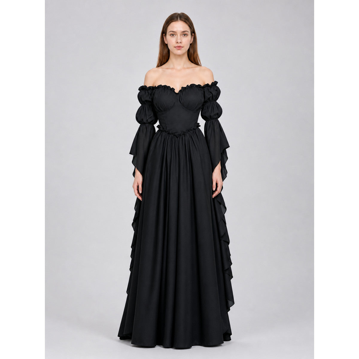 Black Long Gothic Vintage-Style Dress on-model view