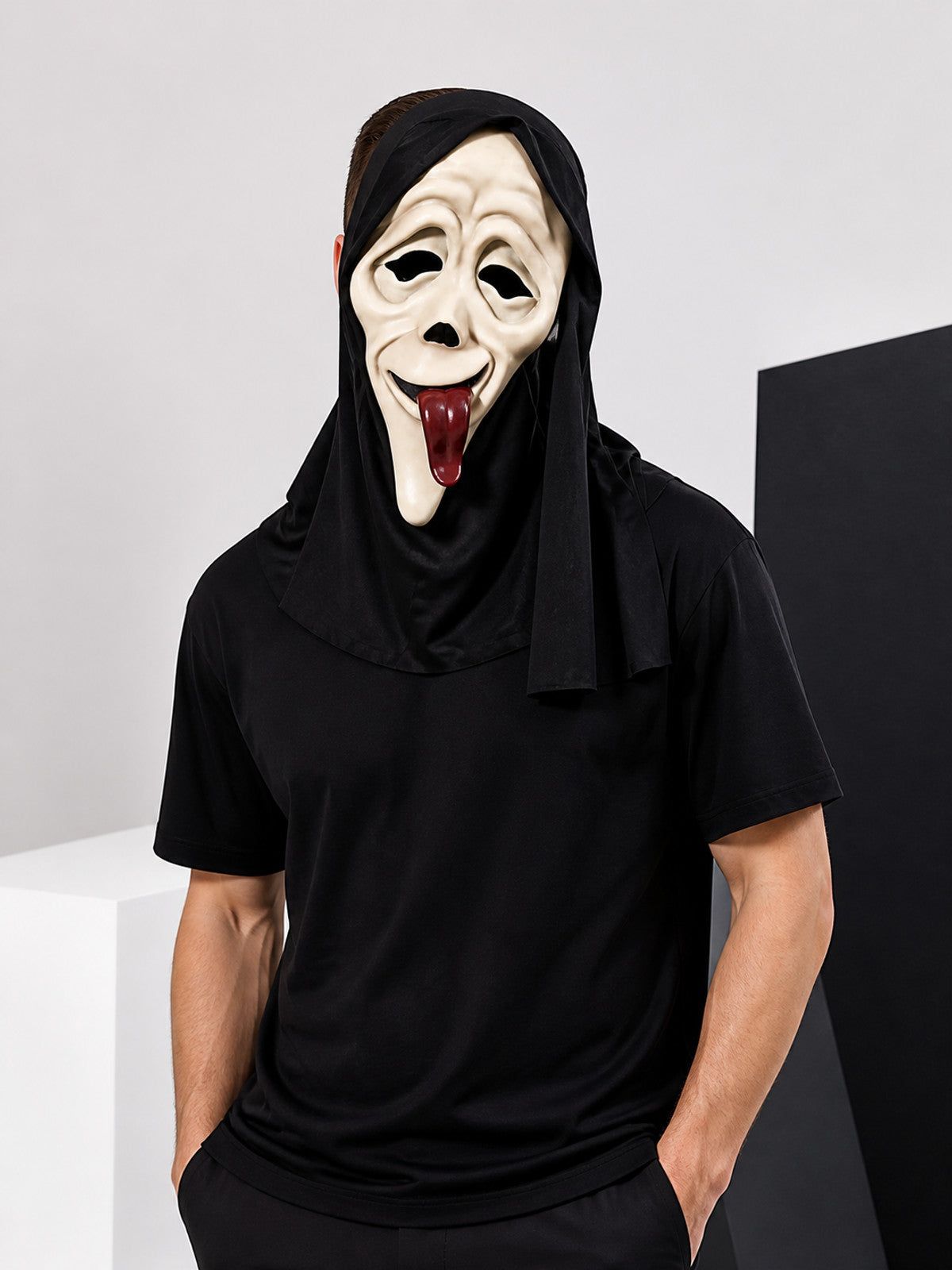 Halloween Mask with Red Tongue, Black, Full-Head Coverage