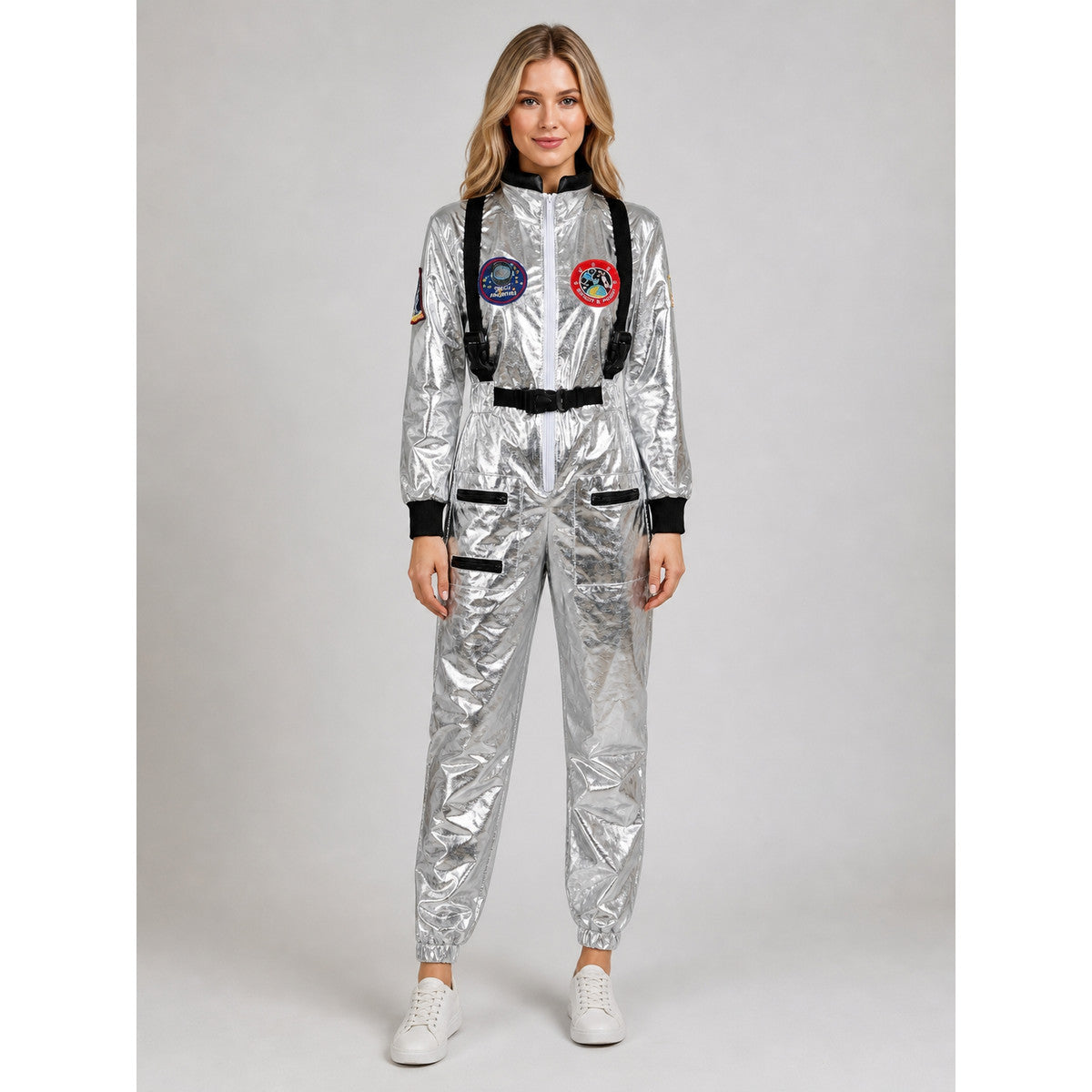 Silver astronaut costume with pockets and emblems