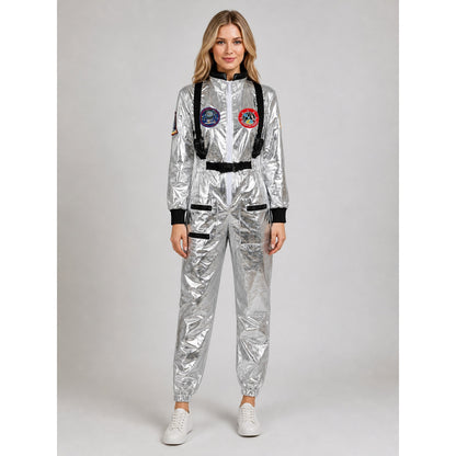 Silver astronaut costume with pockets and emblems