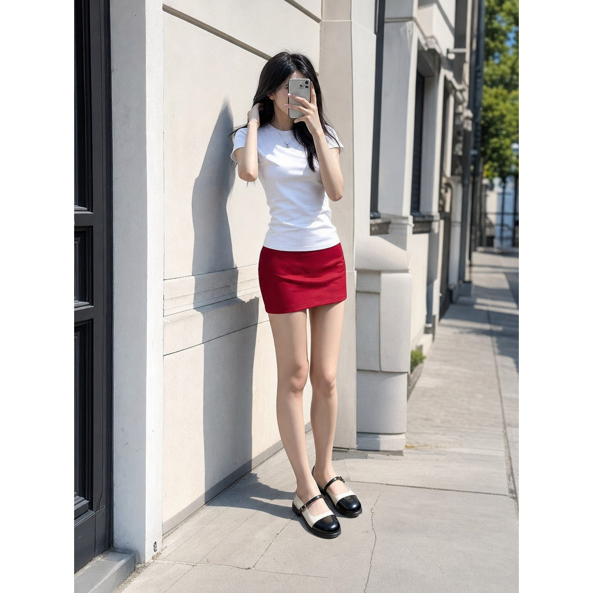 Women's Set with White Top and Red Short Skirt main product view