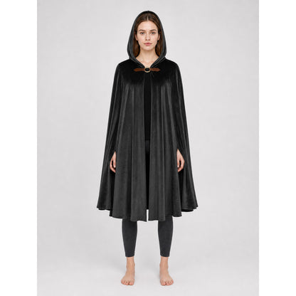 Medieval Warrior Halloween Hooded Cape Costume, 1-Piece Long Black Cloak With Brown Neck Buckle For Cosplay Performance