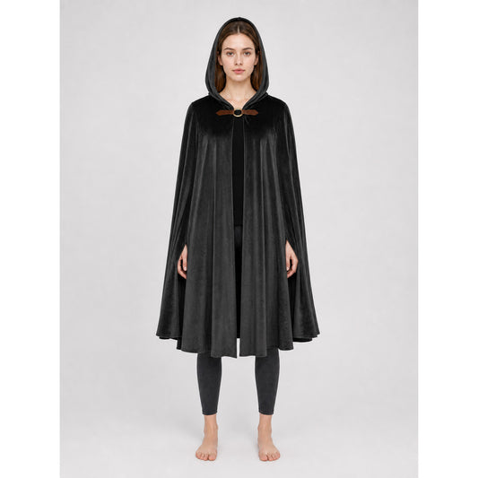 Medieval Warrior Halloween Hooded Cape Costume, 1-Piece Long Black Cloak With Brown Neck Buckle For Cosplay Performance