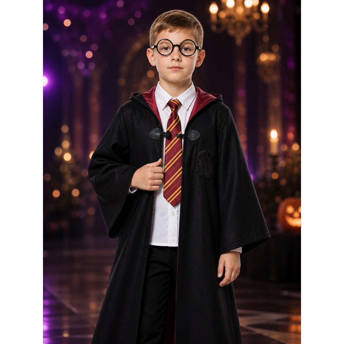 Children's Wizard Costume Set, Hooded Robe, Shirt, Pants, Tie and Glasses on-model view