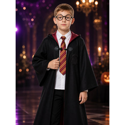 Children's Wizard Costume Set, Hooded Robe, Shirt, Pants, Tie and Glasses on-model view