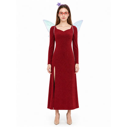 A fairy costume set inspired by a movie character, featuring a long red dress or skirt with a floor-length silhouette, long sleeves, and a straight hem with a front slit, plus accessories to complete the look: semi-transparent butterfly win