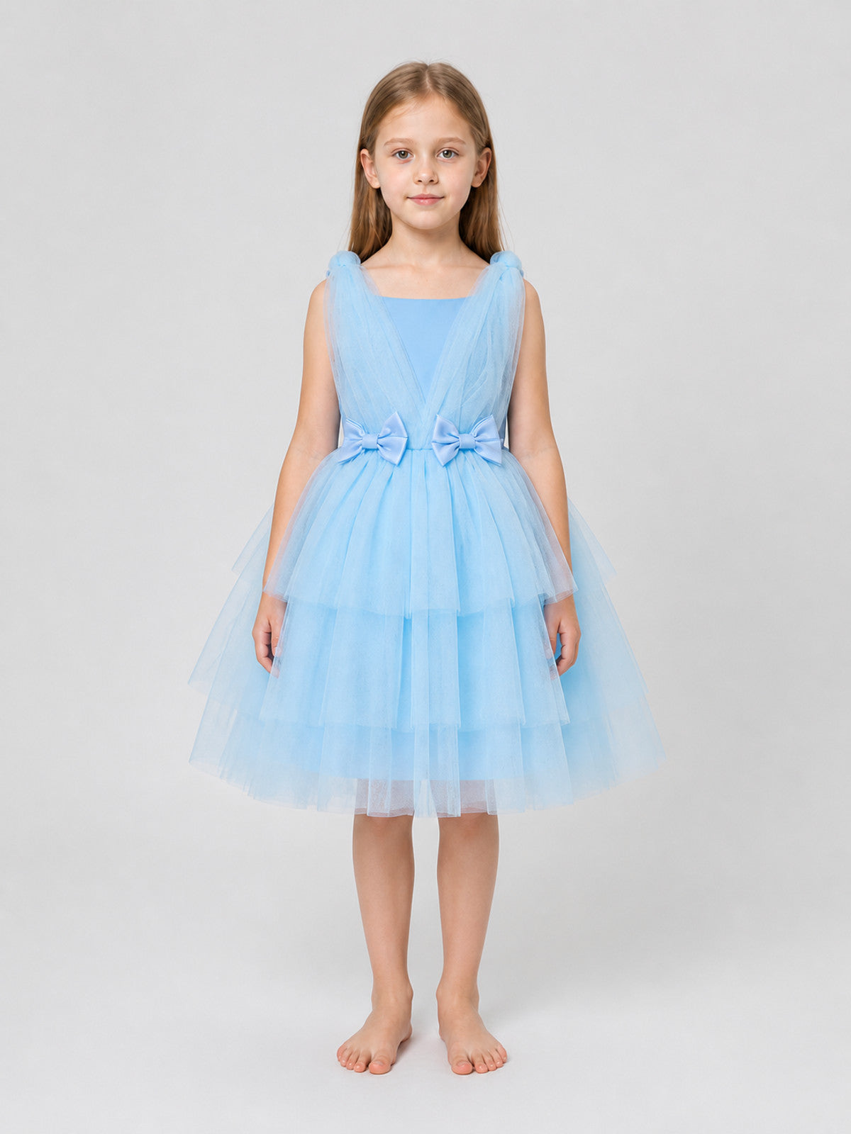 Girls' Princess Dress with Full Skirt, Bows, Light Blue on-model view