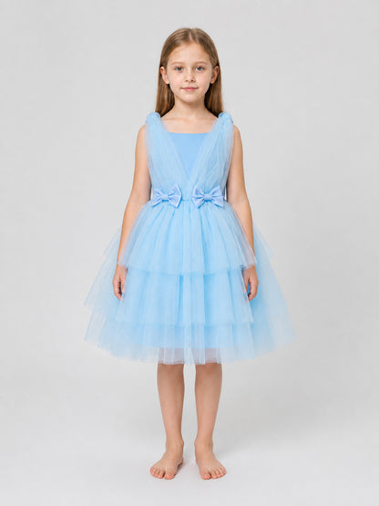 Girls' Princess Dress with Full Skirt, Bows, Light Blue on-model view