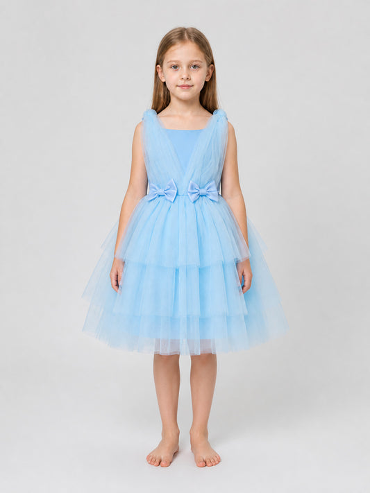 Girls' Princess Dress with Full Skirt, Bows, Light Blue on-model view