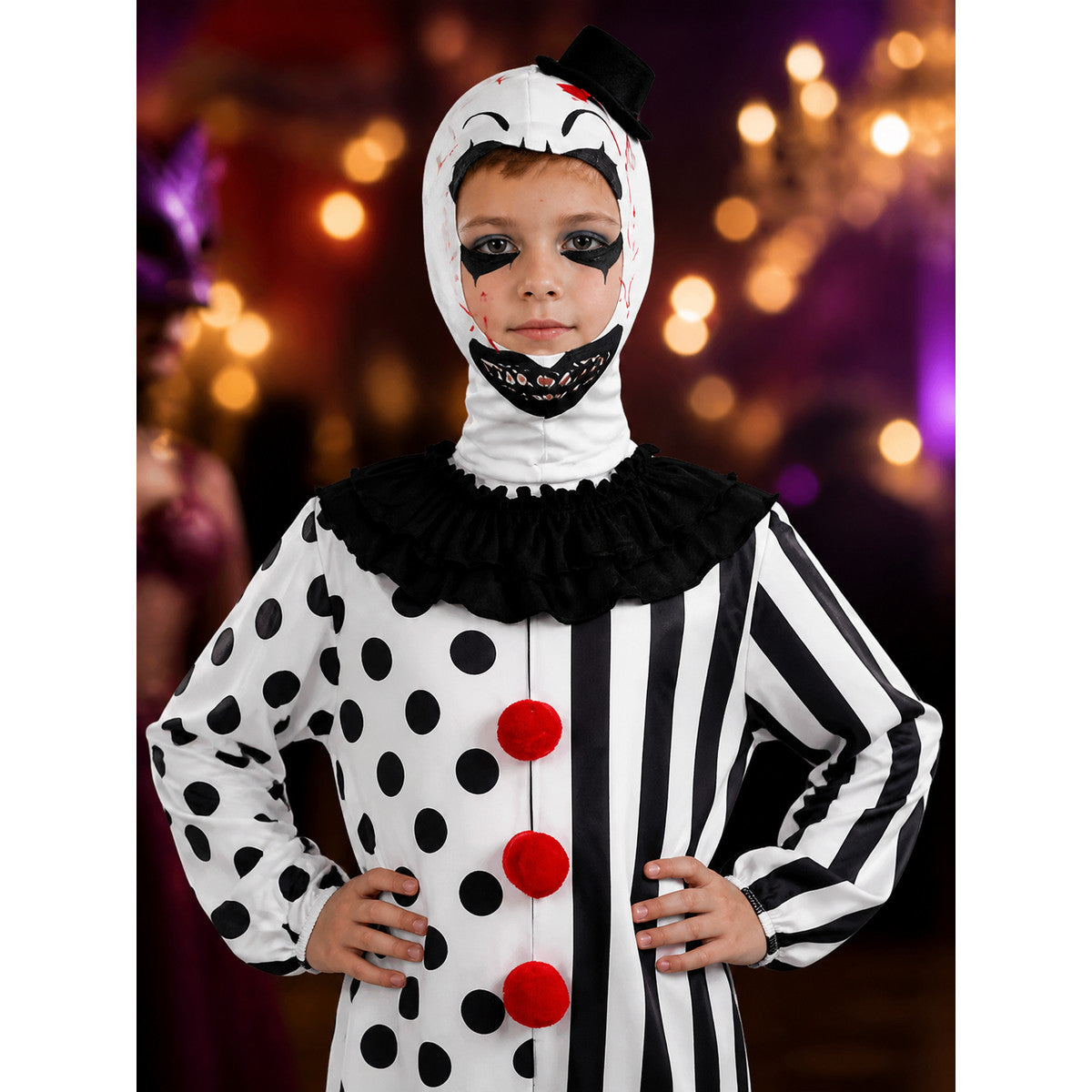 Kids' Clown Jumpsuit Costume with Mask & Hat, Black and White Polka Dot and on-model view