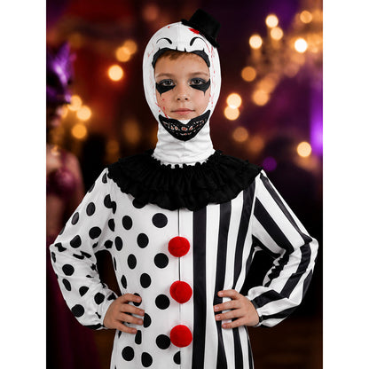 Kids' Clown Jumpsuit Costume with Mask & Hat, Black and White Polka Dot and on-model view