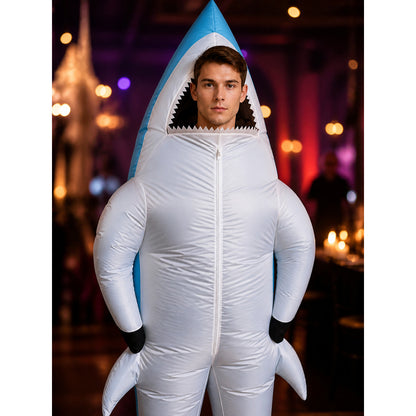 Shark Costume Jumpsuit with Fins and Teeth, Halloween Outfit for Adults on-model view