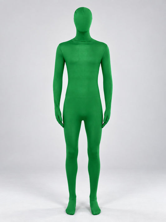 Green form-fitting jumpsuit costume with hood mask