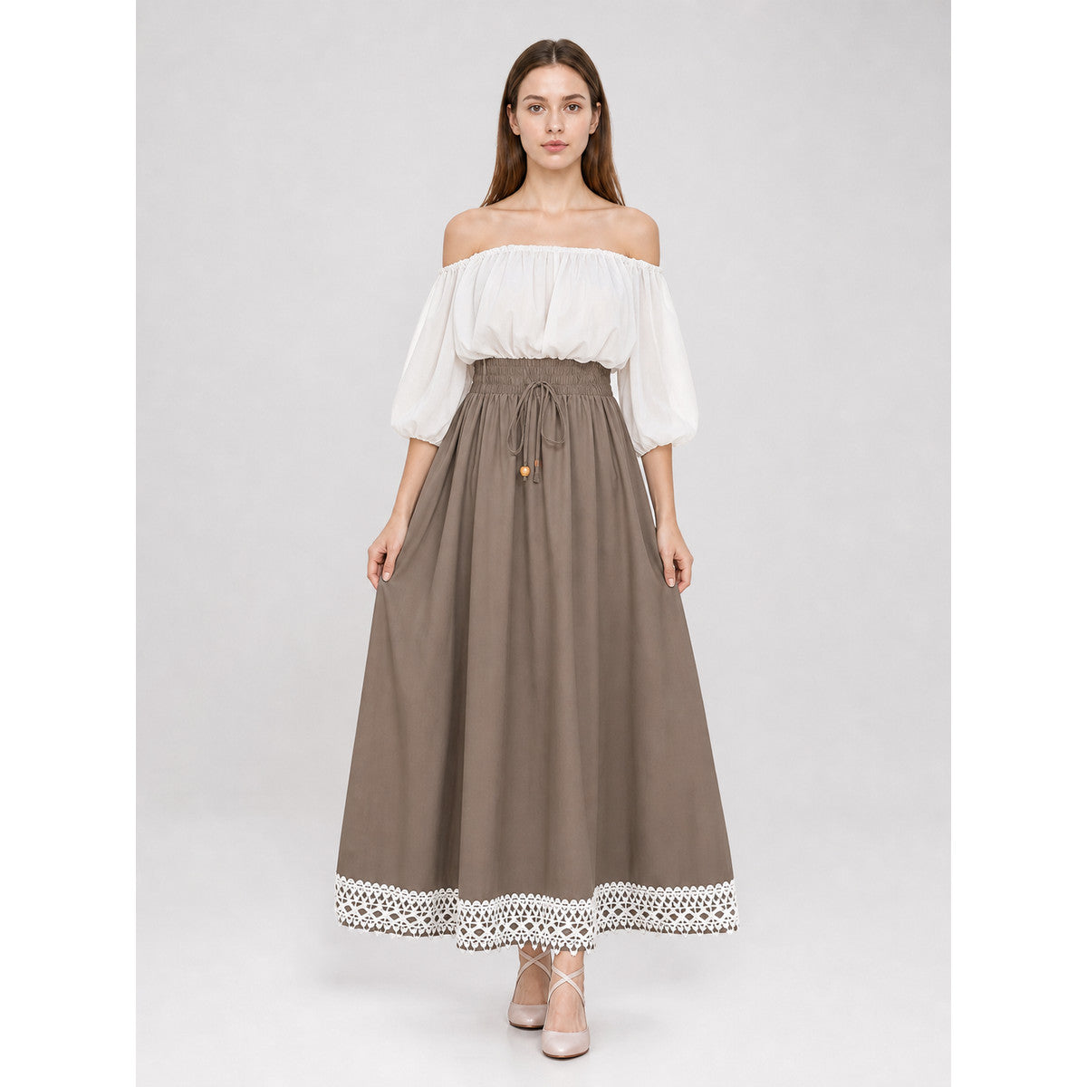 Long khaki A-line skirt with lace