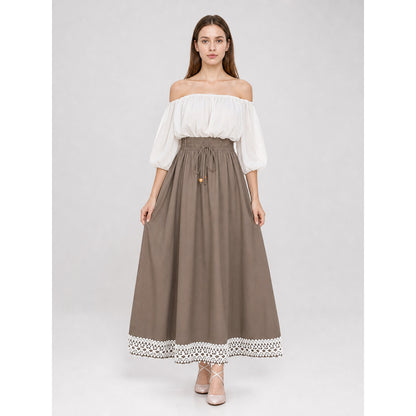 Long khaki A-line skirt with lace