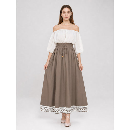 Long khaki A-line skirt with lace