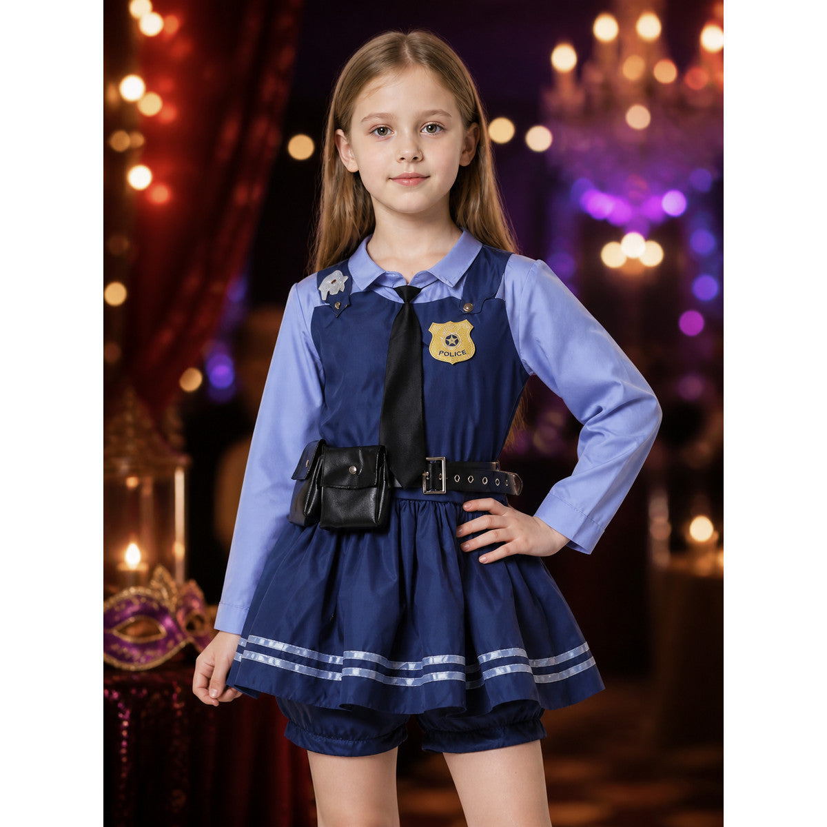 Women's Judy Police Officer Costume Dress, Long Sleeve Sheriff Outfit with on-model view