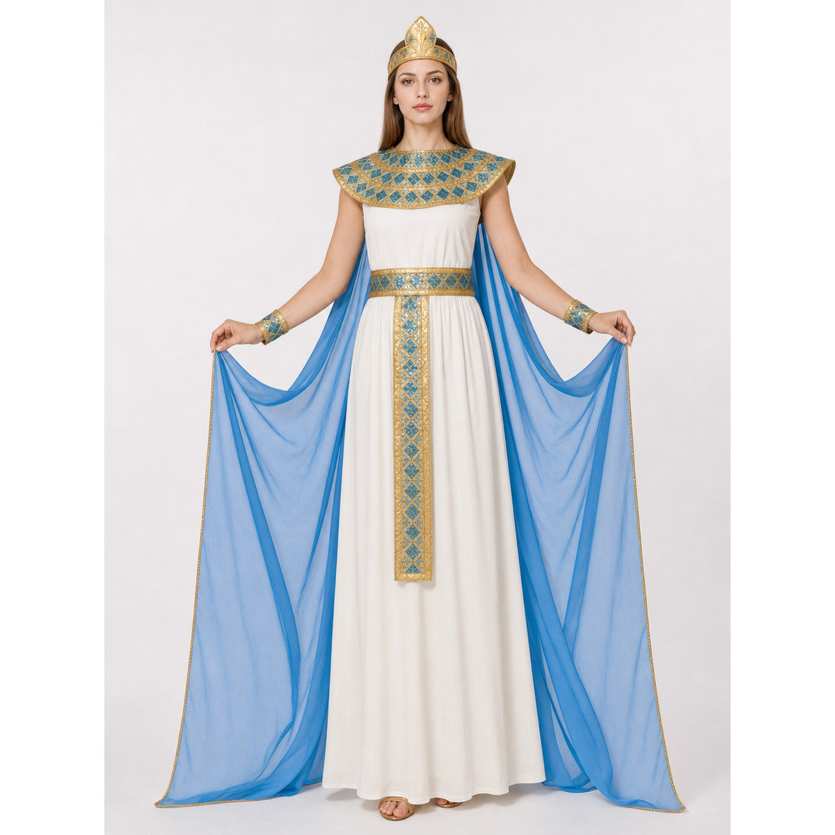Cleopatra Costume with Blue Draping and Gold Embellishments