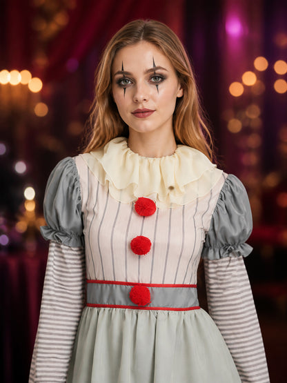 Clown Costume Dress, Striped Short Sleeve with Ruffle Collar and Red Pom Poms