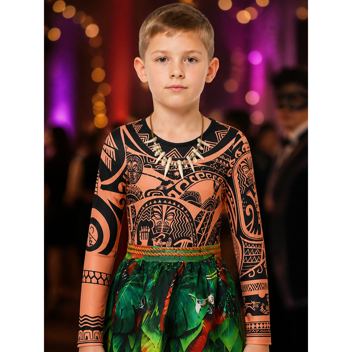 Boys' Tribal Print Bodysuit Costume Set with Leaf Skirt and Necklace on-model view