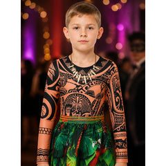 Moana Boys' Tribal Print Bodysuit Costume Set with Leaf Skirt and Necklace