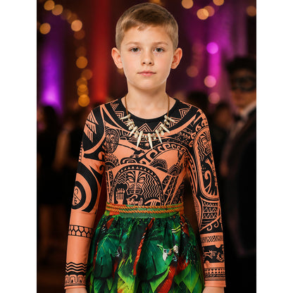 Boys' Tribal Print Bodysuit Costume Set with Leaf Skirt and Necklace on-model view