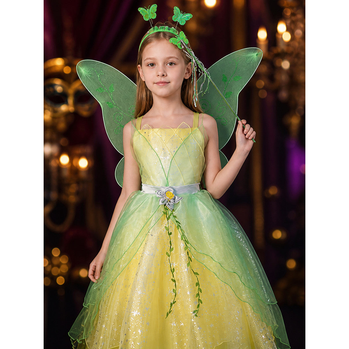 Girls Fairy Princess Costume Dress, Green Layered Tutu with Wings and Flower