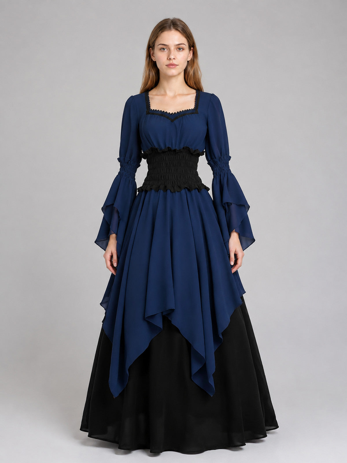 Long Dress with a Black Skirt and Layered Ruffles on-model view