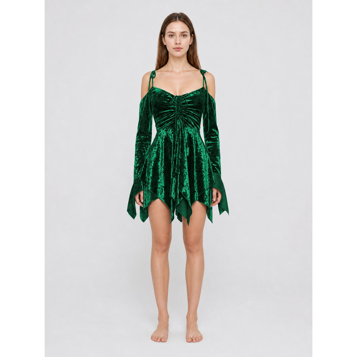 Emerald Green Mini Dress with a Velvet-Like Texture