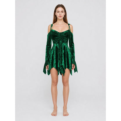Emerald Green Mini Dress with a Velvet-Like Texture