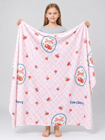 Pink reversible blanket with cherry and bow print, polyester