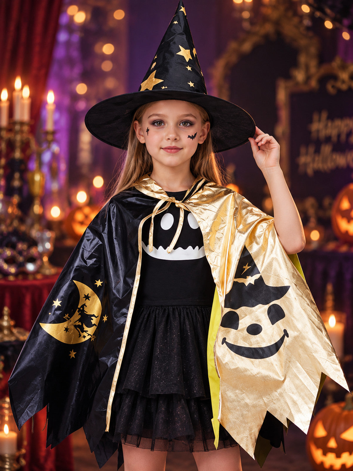 Children's Black and Gold Costume with Cape and Hat