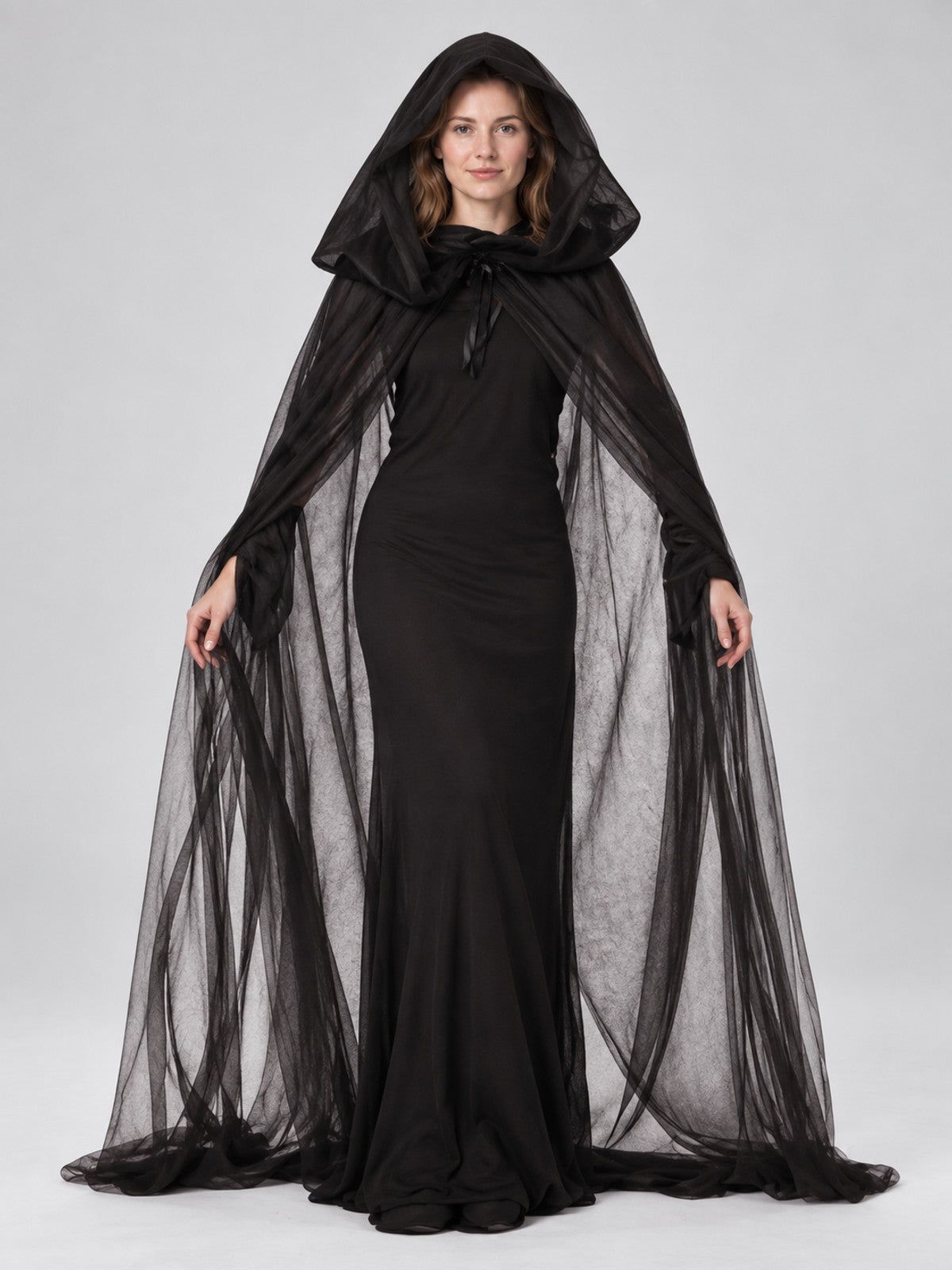 Vampire Halloween Costume with Hood and Mesh, Black