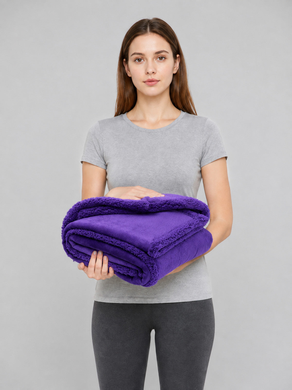 Reversible pet blanket, purple on-model view
