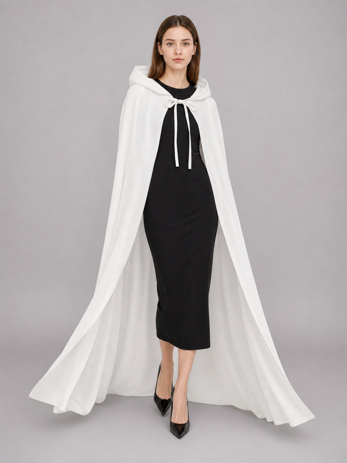Long White Carnival Cloak with Hood front view