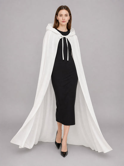 Long White Carnival Cloak with Hood front view