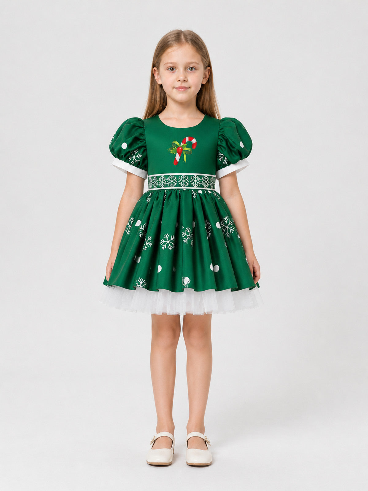 Children’s New Year’s dress with snowflakes and a full skirt on-model view