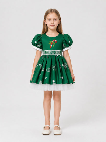 Children’s New Year’s dress with snowflakes and a full skirt on-model view