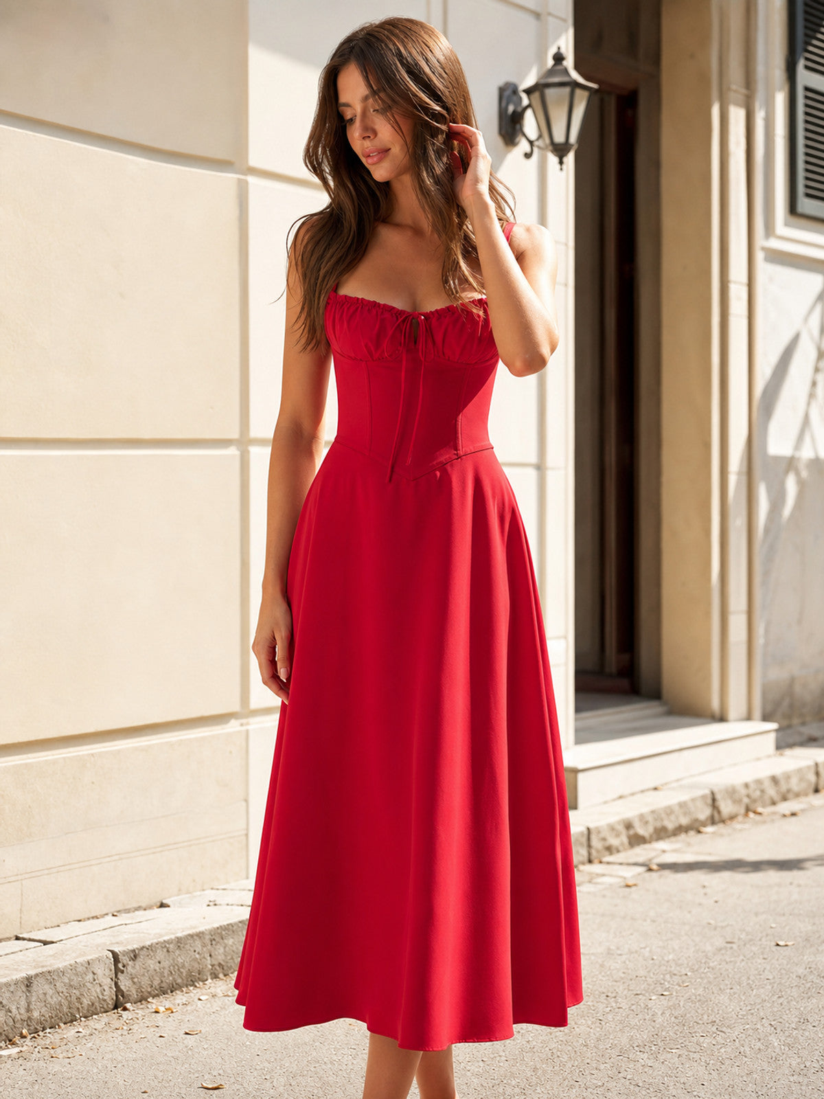 Red dress with thin straps and a fitted silhouette main product view