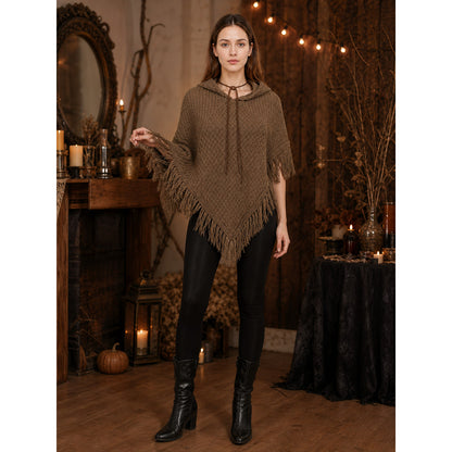 Adult Brown Hooded Triangle Cape with Long Fringe Trim, Diamond Texture, Ring Buckle Belt and Black Lining