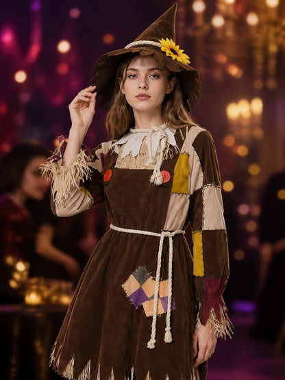 Witch Costume Set, Long Sleeve Patchwork Outfit with Fringed Details, Pointed on-model view