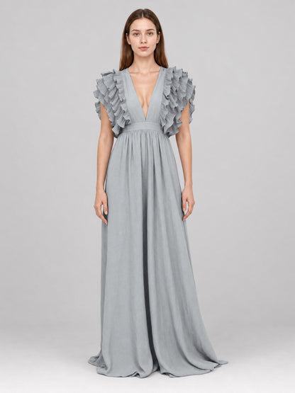 Long Evening Dress with a Deep V-Neckline front view